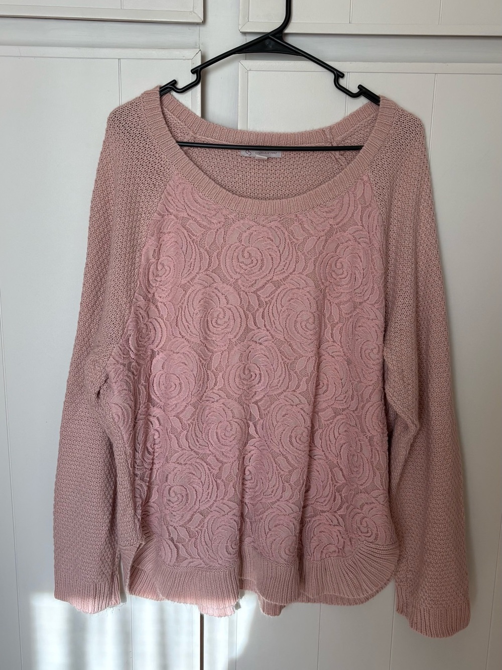 Dress Barn Blush Pink Lace-Front Scoop Neck Sweater
